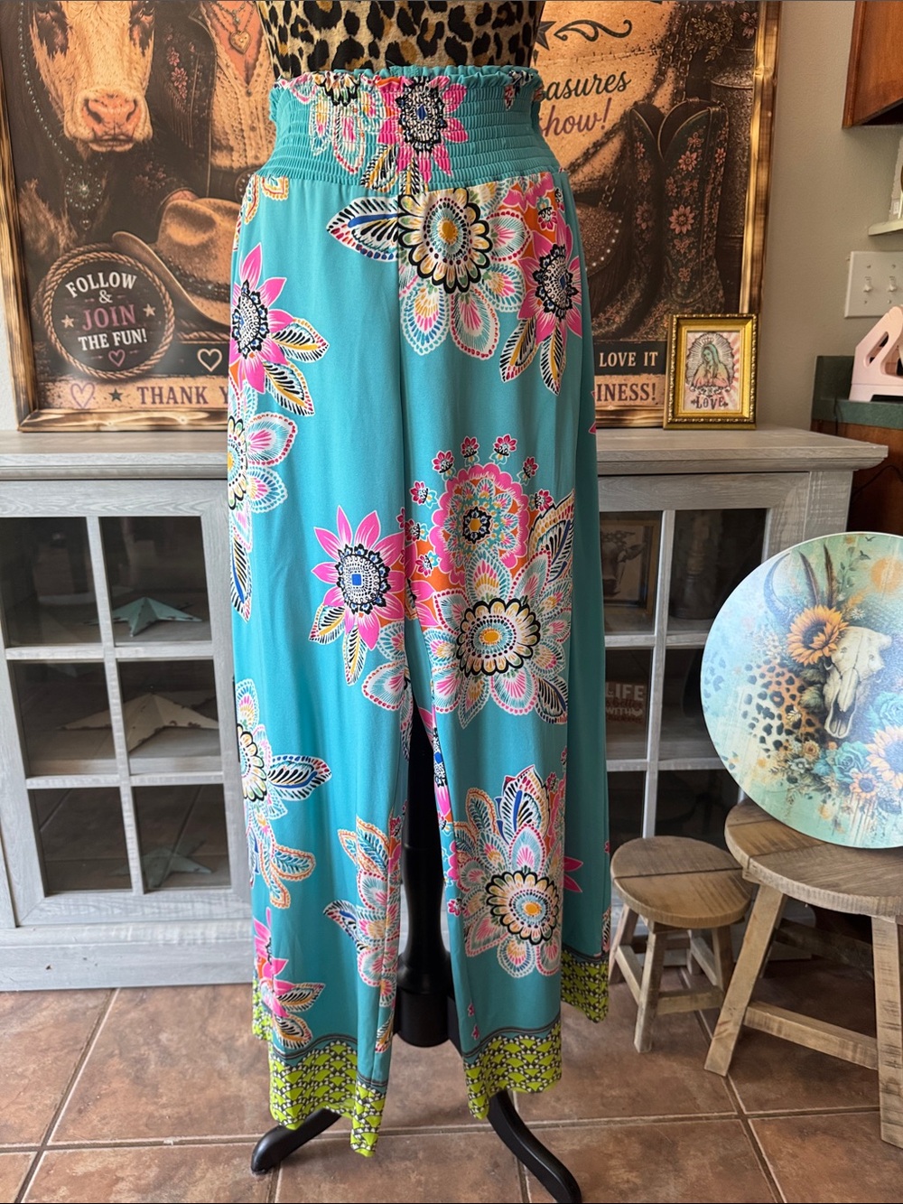 NWT Melissa Paige Turquoise Floral Palazzo Wide Leg Pants Size XL